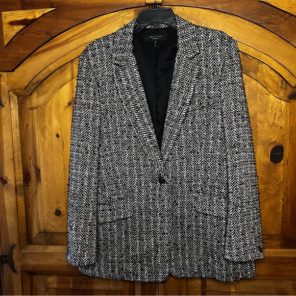RAG & BONE Ames Linton Blazer Jacket Black White Herringbone Tweed Size 12 EUC - Picture 6 of 16